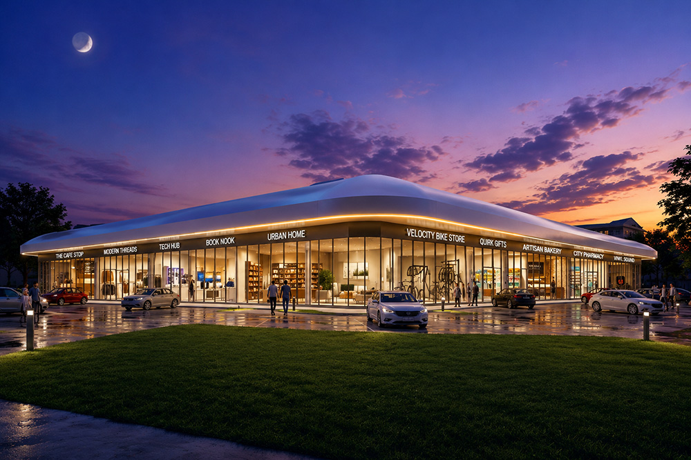 Twilight rendering of Drake Plaza, showing the full contemporary retail building and illuminated storefronts