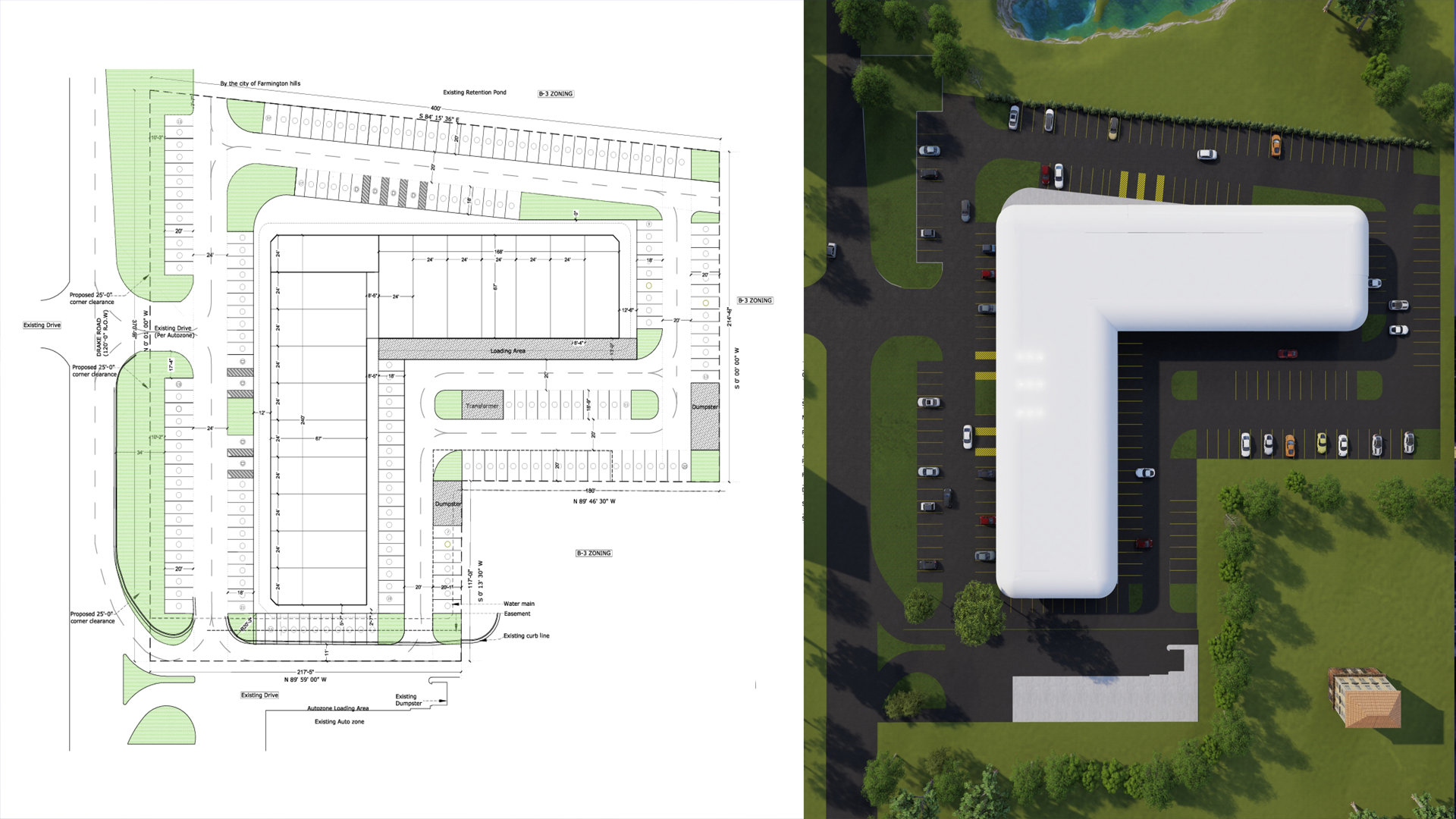 Drake Plaza master plan showing the proposed site layout beside an aerial view of the connected retail building, parking and landscaped grounds